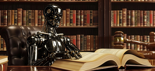 AI legal concept with robot lawyer in court